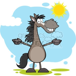 Smiling Grey Horse Cartoon Mascot Character With Open Arms Over Landscape