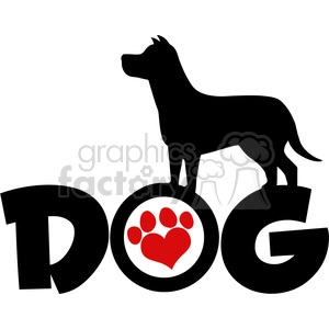 This clipart image features a black silhouette of a dog standing on the word 'DOG', which is written in large, bold letters. Inside the letter 'O' is a red paw print with a heart shape incorporated into it.