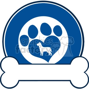 A blue and white clipart image featuring a large paw print with a heart shape in the center and a silhouette of a dog inside the heart. Below the paw print, there is a blank dog bone for text input.