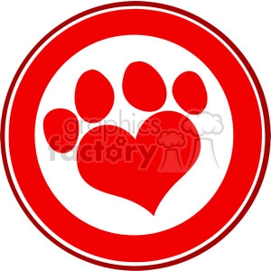 The clipart image depicts a paw print that incorporates a heart shape within its design. The paw print is in red, set against a simple white background, and is encircled by a red border.