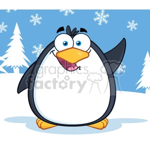 Happy Cartoon Penguin in Snowy Winter Landscape