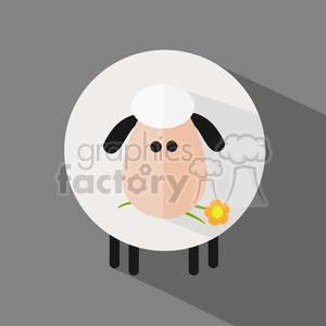 The image is a simple and cute illustration of a cartoon sheep. The sheep has a round white body with a large head, small black ears, two dot eyes, and a peach-colored face. It stands on four black stick-like legs and is holding a small yellow flower with green leaves in its mouth.