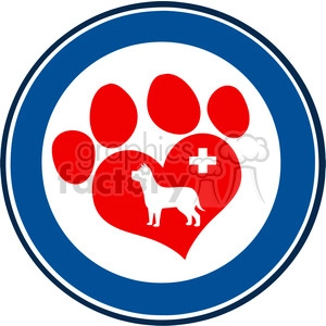 The clipart image features a blue and white circular emblem with a red heart at the center. Inside the heart, there is a white silhouette of a dog and a white medical cross symbol. The emblem also has a larger paw print with four toes filling the space around the heart, suggesting a theme of veterinary care or love for animals, particularly dogs.
