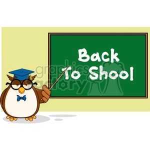 Wise Owl Teacher Cartoon Mascot Character In Front Of School Chalk Board With Text