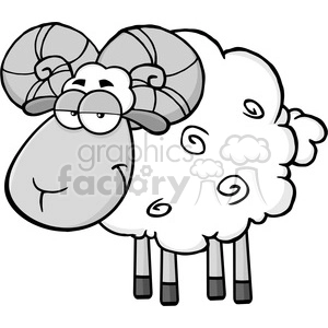 The clipart image shows a cartoon sheep with a humorous expression. The sheep appears to have a large, round body with fluffy wool, evident in the swirl patterns. Its face is characterized by a pair of prominent, curled horns on top of its head and it's wearing glasses, which gives it an amusing and smart look. The sheep's facial expression, with a slight frown and overemphasized eyebrows above the glasses, adds to the comical nature of the image.
