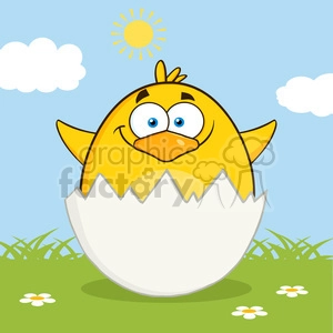 8596 Royalty Free RF Clipart Illustration Surprise Yellow Chick Cartoon Character Out Of An Egg Shell Vector Illustration With Background
