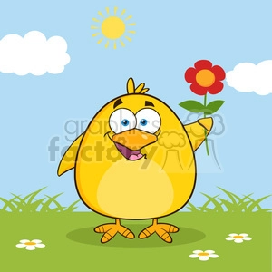 Happy Yellow Chick Cartoon Character With A Red Daisy Flower Vector Illustration With Background