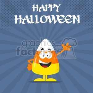 8872 Royalty Free RF Clipart Illustration Funny Candy Corn Flat Design Waving Vector Illustration With Bacground And Text