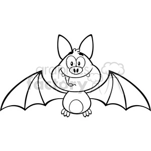 8942 Royalty Free RF Clipart Illustration Black And White Happy Vampire Bat Cartoon Character Flying Vector Illustration Isolated On White