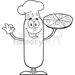 8481 Royalty Free RF Clipart Illustration Black And White Chef Sausage Cartoon Character Holding A Pizza Vector Illustration Isolated On White