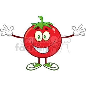 8400 Royalty Free RF Clipart Illustration Tomato Cartoon Mascot Character With Open Arms For A Hug Vector Illustration Isolated On White