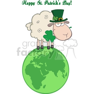 Royalty Free RF Clipart Illustration Irish Sheep Carrying A Clover On A Globe Under Text