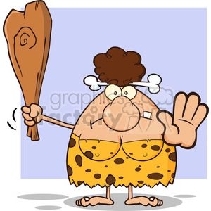 The clipart image features a humorous depiction of a cavewoman. She is standing and holding a large club in one hand while waving with the other. She wears a primitive-looking dress with a spotted pattern, simulating a prehistoric animal's pelt, and sports a bone tied in her hair. The character is designed in a cartoonish art style with exaggerated facial features and proportions.