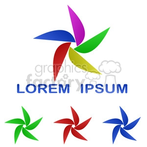 A colorful pinwheel design in various colors (blue, purple, green, yellow, and red) with the text 'Lorem Ipsum' beneath it. Additional smaller pinwheel designs in green, red, and blue are placed below the main design.