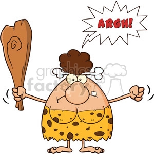 angry brunette cave woman cartoon mascot character holding up a fist and a club vector illustration with speech bubble and text argh