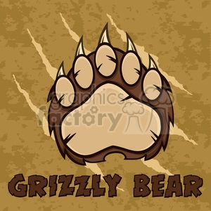 The image is a stylized illustration of a bear paw print with sharp claws and the words GRIZZLY BEAR written below it. The background has a grunge texture giving the clipart a rugged, outdoorsy feel.
