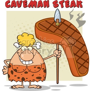 smiling cave woman cartoon mascot character holding a spear with big grilled steak vector illustration with text caveman steak