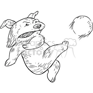 The clipart image shows a cartoon dog character playing soccer, also known as football. The dog is depicted as a footballer, kicking a black and white ball with its paw. The image has a humorous tone and can be considered a funny animal illustration. The dog is in a dynamic pose, suggesting movement and action. The image has a black and white style and can be used for various purposes, such as tattoos or sports-related designs.
