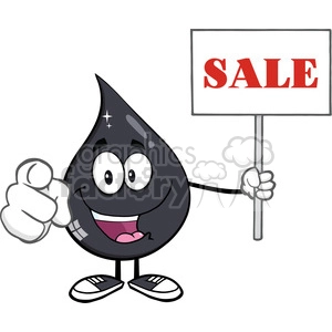 royalty free rf clipart illustration petroleum or oil drop cartoon character pointing at you and holding holding up a sale sign vector illustration isolated on white background