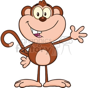 A cheerful, cartoon-style monkey waving with a big smile. The monkey has a mischievous look and big eyes.