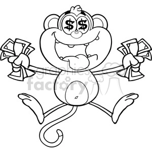 A black and white clipart image of a happy monkey with dollar signs in its eyes, holding bundles of cash in both hands, and sticking out its tongue.