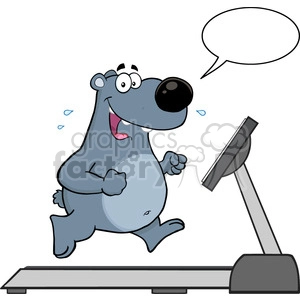 royalty free rf clipart illustration smiling gray bear cartoon character running on a treadmill with speech bubble vector illustration isolated on white