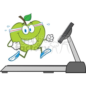 Clipart image of a cartoon green apple with a happy face jogging on a treadmill. The apple is wearing a headband, sneakers, and has sweat droplets around it, implying it is exercising.