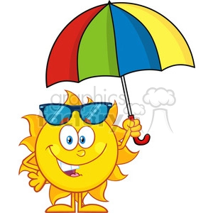 Cartoon Sun with Sunglasses Holding a Colorful Umbrella