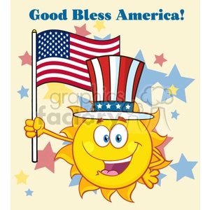 cute sun cartoon mascot character with patriotic hat holding an american flag vector illustration with background text good bless america
