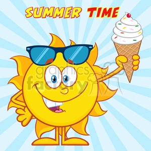 cute sun cartoon mascot character with sunglasses holding a ice cream vector illustration with sunburst background and text summer time