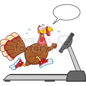 smiling turkey cartoon character running on a treadmill with speech bubble vector illustration isolated on white