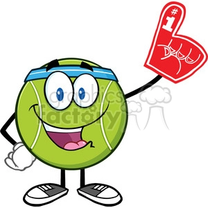 happy tennis ball cartoon mascot character wearing a foam finger vector illustration isolated on white