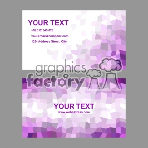 This image features a set of two business cards with a purple geometric mosaic background. Each card has customizable text spaces for personal or business information, including contact details and a website address.