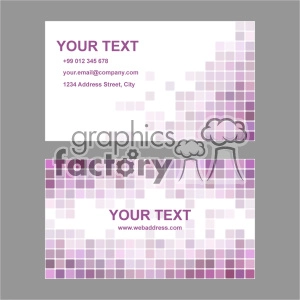 Clipart image of a modern business card template with a purple pixelated design. The card includes placeholders for text, such as a name, phone number, email address, street address, and web address.