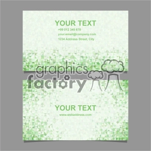 This is a clipart image featuring two business card templates with a green, triangle mosaic pattern at the borders. The cards have placeholder text for contact details, including a phone number, email address, physical address, and website.