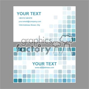 A modern business card template featuring a clean white background and a design of various blue gradient squares. The card includes customizable text fields for personal or business information including contact number, email, address, and website.