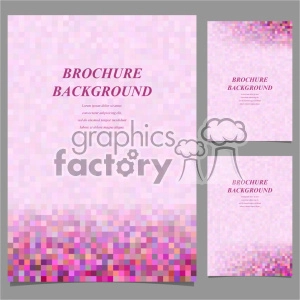 This clipart image features a set of brochure backgrounds with a pink pixelated design. The central image shows a large brochure with a gradient pixel pattern moving from dense, colorful pixels at the bottom to more sparse, light pink pixels toward the top. The title 'Brochure Background' is prominently displayed in the center in a magenta font, with placeholder text below it. The set also includes two smaller images of similar designs placed to the right of the main image.