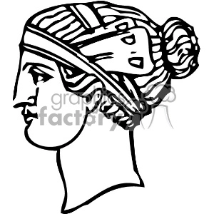 A black and white clipart illustration of the profile of an ancient Greek woman with a bun hairstyle, wearing a headband.