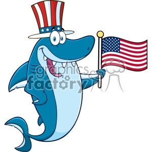 Royalty Free RF Clipart Happy Blue Shark Cartoon With Patriotic Hat Holding An American Flag Vector