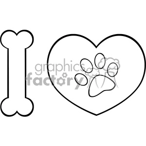 10714 Royalty Free RF Clipart Black And White I Love Animals With Bone And Heart With Paw Print Logo Design Vector Illustration