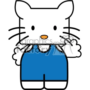 A cute, cartoon-style white cat wearing a blue outfit, standing and facing forward.