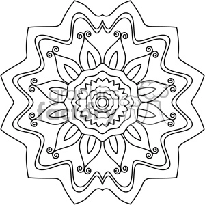 An intricate, black and white mandala design with floral and spiral patterns. The symmetrical design is made up of various geometric shapes and ornamental details.