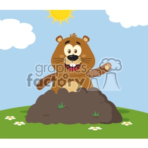 10644 Royalty Free RF Clipart Happy Marmmot Cartoon Mascot Character Waving In Groundhog Day Vector Flat Design With Background