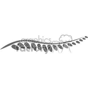 A stylized grayscale illustration of a fern leaf with a curving central spine and multiple elongated leaflets.