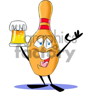 cartoon bowling pin mascot character drinking a beer
