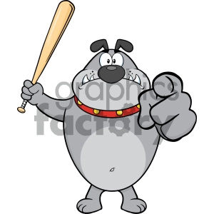 Royalty Free RF Clipart Illustration Angry Gray Bulldog Cartoon Mascot Character Holding A Bat And Pointing Vector Illustration Isolated On White Background