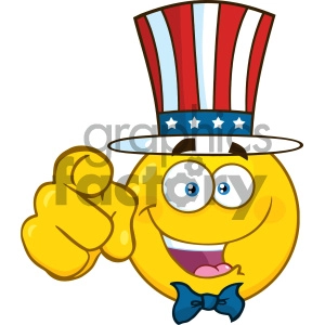 Royalty Free RF Clipart Illustration Happy Patriotic Yellow Cartoon Emoji Face Character Wearing A USA Hat And Pointing Vector Illustration Isolated On White Background
