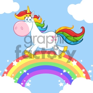 Clipart Illustration Smiling Magic Unicorn Cartoon Mascot Character Running Around Rainbow With Clouds Vector Illustration With Background