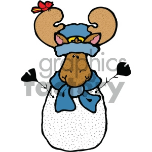 The image is a playful clipart featuring a moose combined with a snowman. The moose has large, characteristic antlers with a bird perched on one side. It appears to be wearing a winter hat and a scarf and has branch-like arms, which are common features of a traditional snowman. The moose's body has the texture and shape of a snowman, and it has a cheerful facial expression with closed eyes and a smiling mouth.