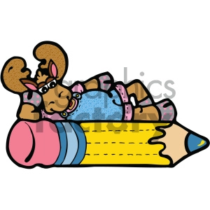 The clipart image features a cartoon moose lying on a large, horizontally positioned pencil. The moose is depicted in a playful manner, wearing a blue shirt with pink polka dots, pink pants, and accessories like earrings and a bow. The pencil itself is oversized with a pink eraser, a blue metal band, and a yellow shaft with black dash lines, suggesting it is stylized to appear stitched.
